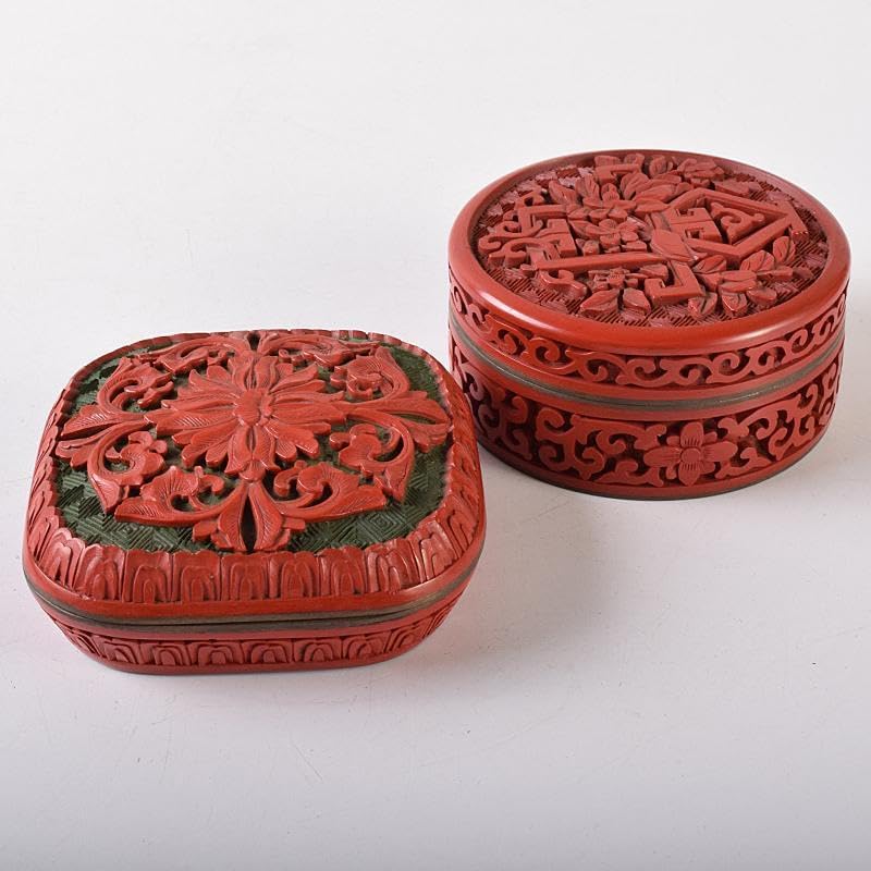 中国 剔紅 堆朱 内七宝 花文 香合 2点まとめて D R8207 中国